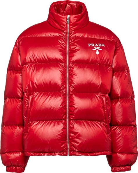 prada puffer jacket red logo|Prada re nylon puffer jacket.